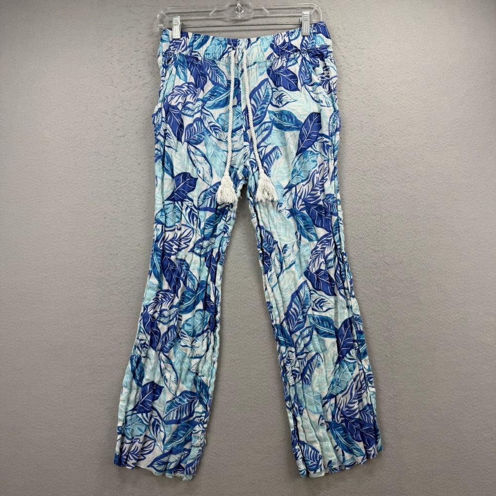Sigrid Olsen Pants‎ Womens Medium Blue Linen Tassel Coastal Tropical Leaf Beach